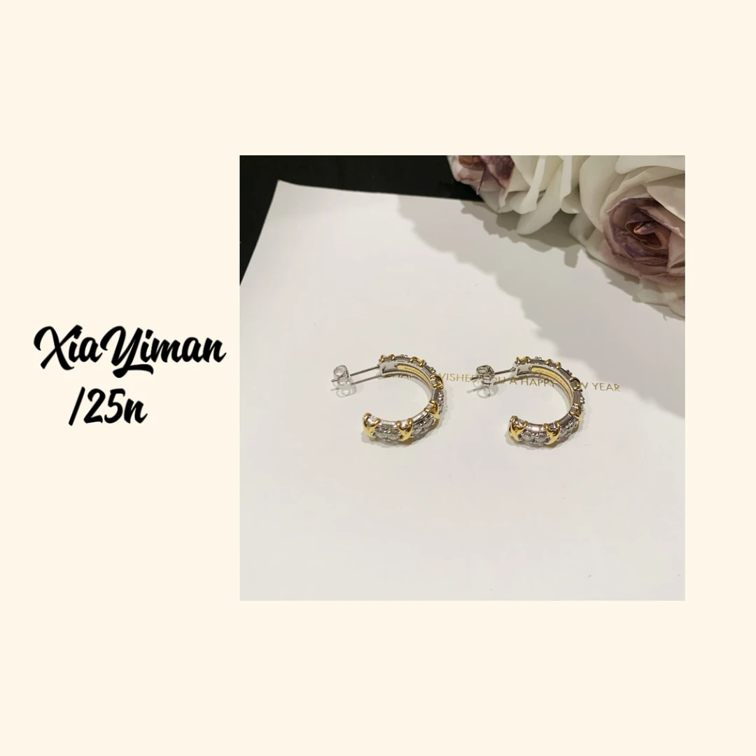 铜合金合成锆石耳饰 金银缠绕小耳圈MZ3456