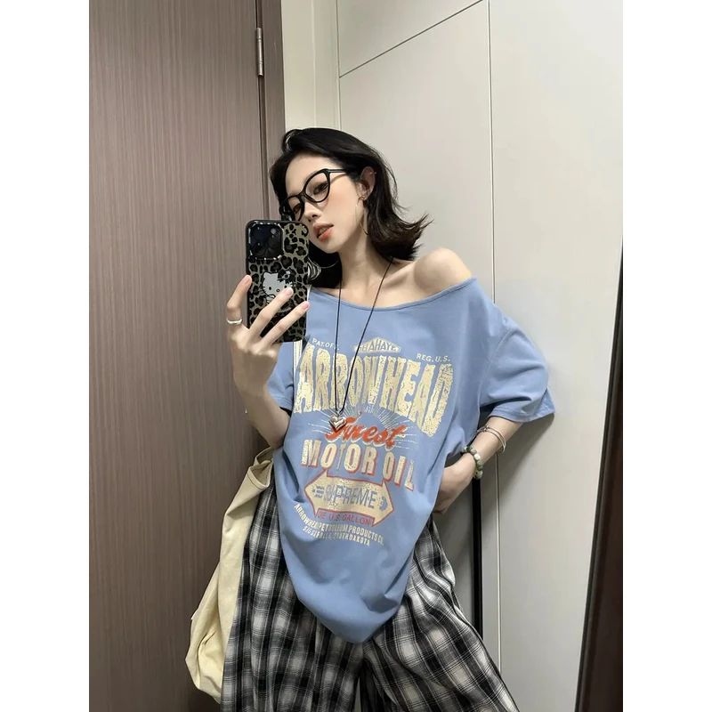 美式字母设计印花露肩短袖t恤女夏季宽松上衣显瘦