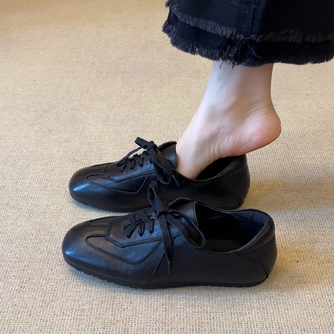 羊皮版~2025新款复古风方头系带德训鞋女款平底休闲运动鞋阿甘鞋