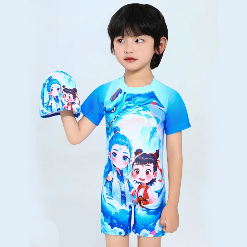 儿童泳衣哪吒连体夏季男孩温泉游泳中大童速干学生少年平角卡通