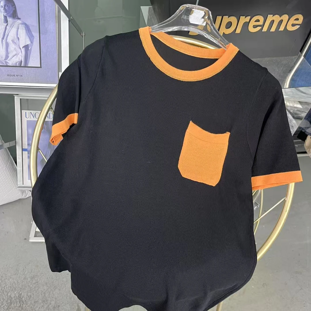 欧洲站撞色时尚圆领正肩短袖t恤女夏2025新款洋气减龄休闲上衣