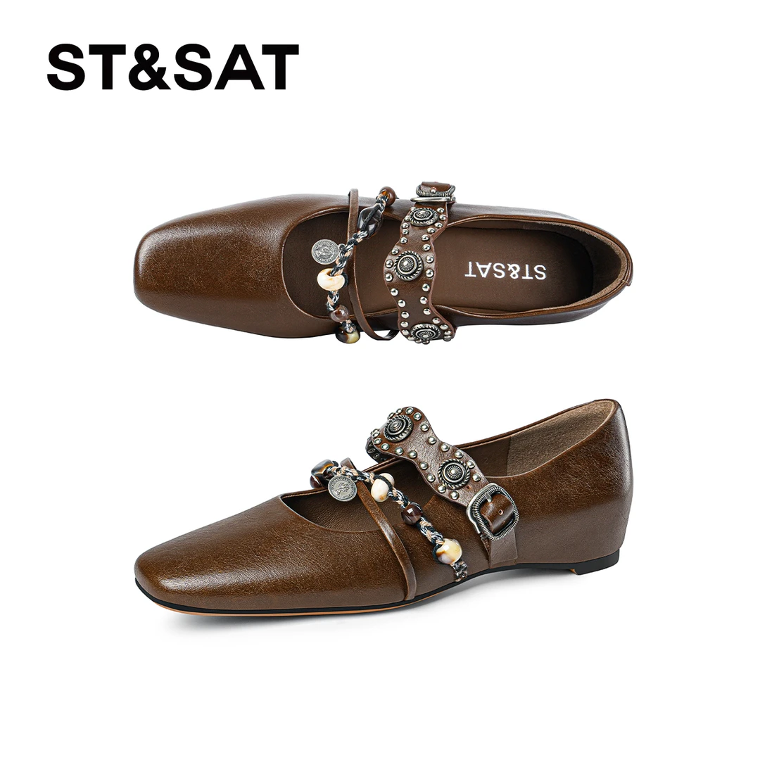 St&Sat/星期六浅口方头欧美风休闲单鞋平跟民族风百搭复古玛丽珍