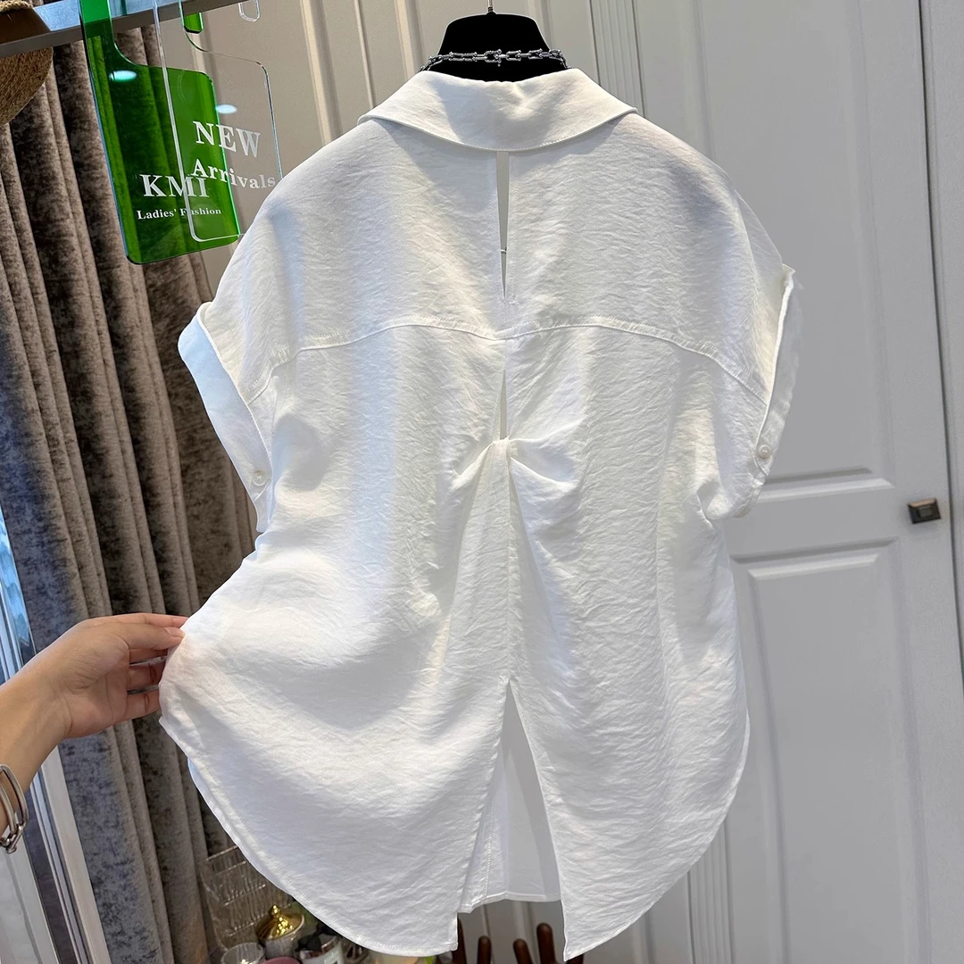 胖妹妹240斤大码设计感后背扭结开叉白色小飞袖衬衫女宽松上衣夏