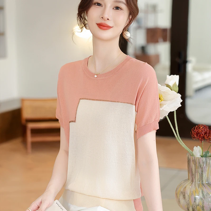 2025年夏季新款洋气短袖t恤衫中老年女宽松大码薄款拼色百搭半袖