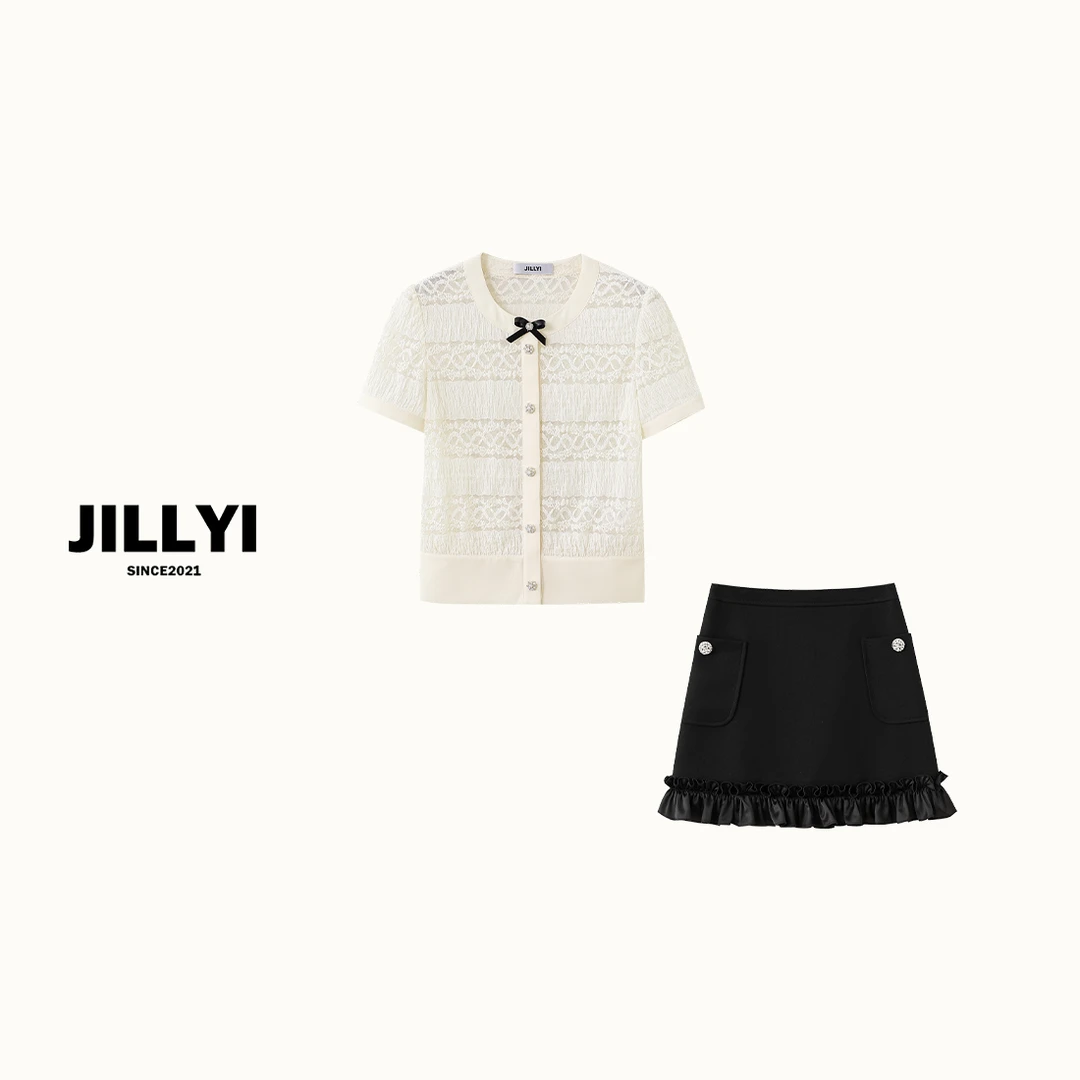 JILLYI【丹麦少女】+【冷黑雨季】白色蝴蝶系带T恤+黑色高腰半裙套装