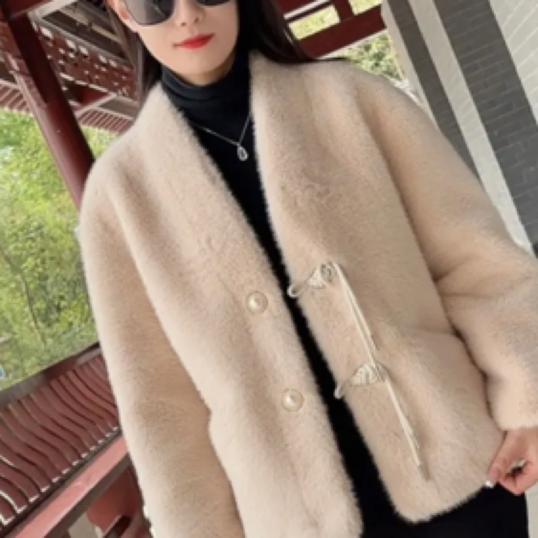 秋冬新款水貂绒V领盘扣国风小个子欧貂绒冬季开衫外套毛毛外套