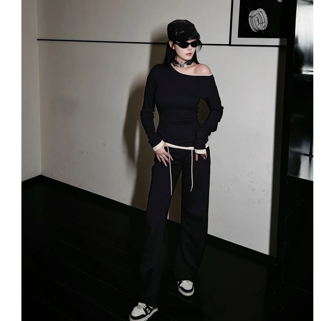 小众系列 拼色立体裁剪 弯刀喇叭裤 亲肤运动拖地卫裤显瘦休闲裤