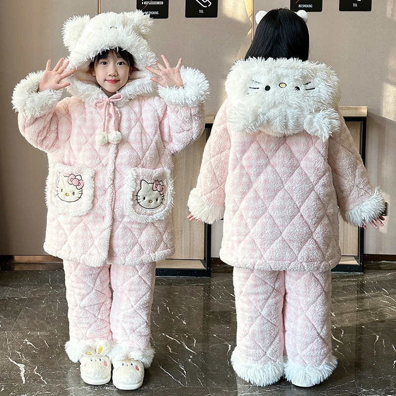 三层夹棉2025女童法兰绒睡衣冬季新款加绒加厚儿童公主连帽家居服
