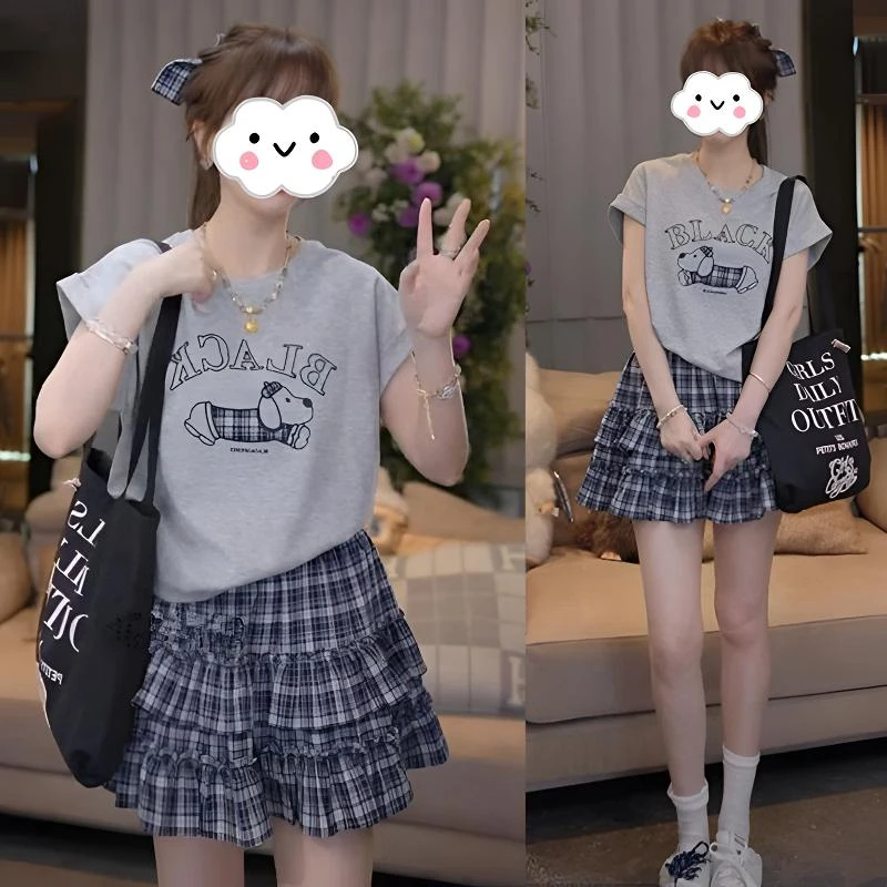 韩版出游穿搭2025夏季小狗短袖t恤女百搭格子半身裙洋气减龄套装