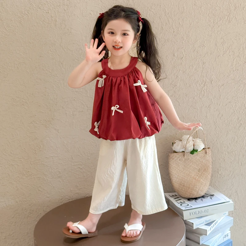 女童挂脖套装洋气儿童夏季2025新款女宝宝阔腿裤两件套小女孩时髦