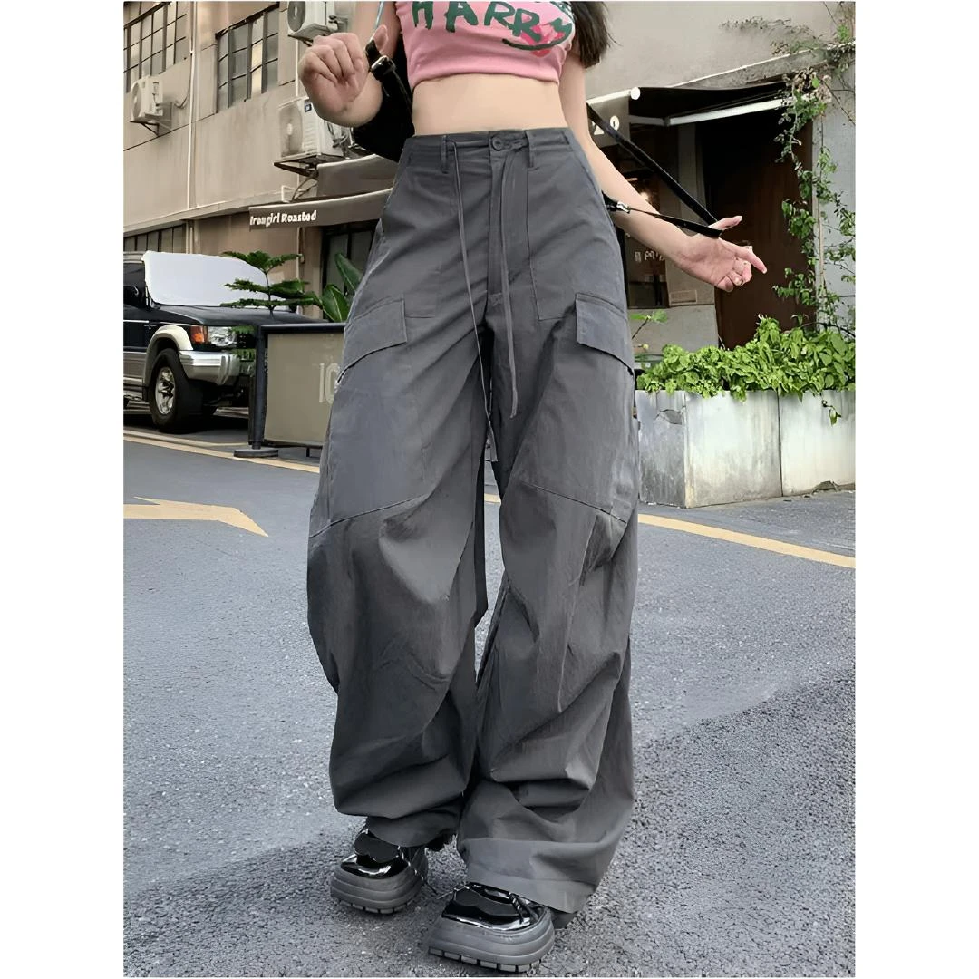 美式街头潮流高腰工装裤设计感伞兵裤运动显瘦宽松百搭直筒阔腿裤