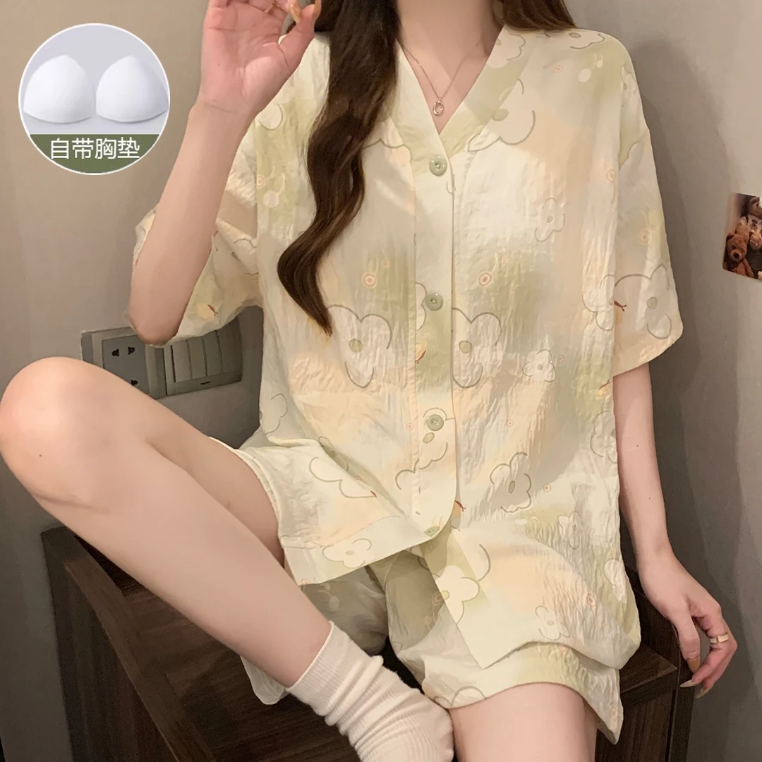 夏季带胸垫睡衣女宽松甜美网红云朵棉女士睡衣可外穿家居服套装