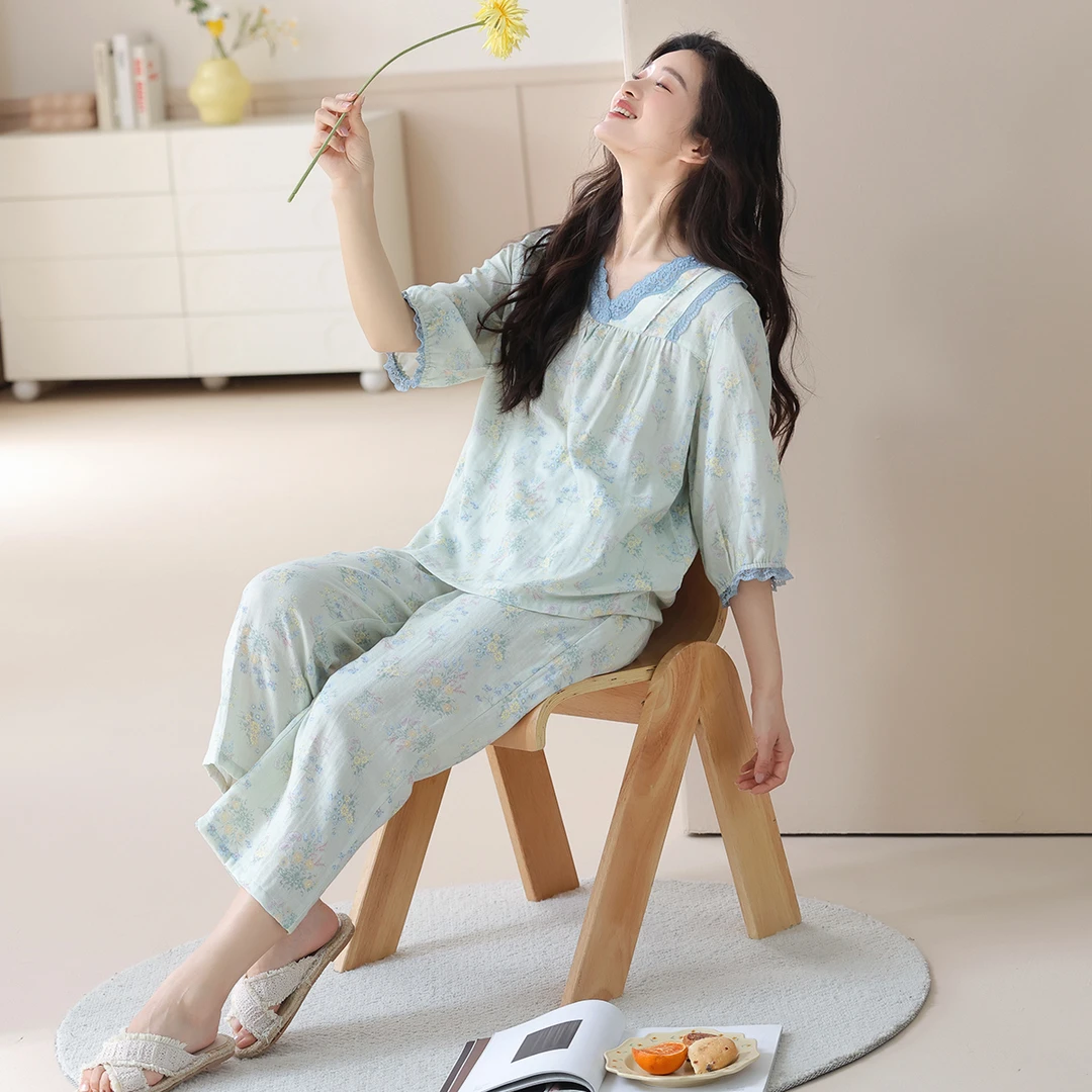 秋鹿双层纱睡衣女2025睡衣春秋女季碎花七分袖家居服