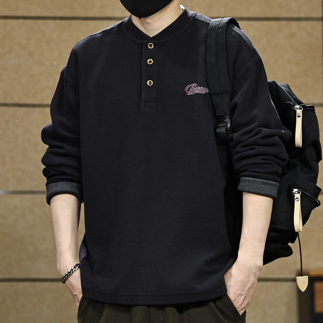 高端美式复古华夫格卫衣男秋季新款潮牌亨利领宽松肌理感长袖T恤