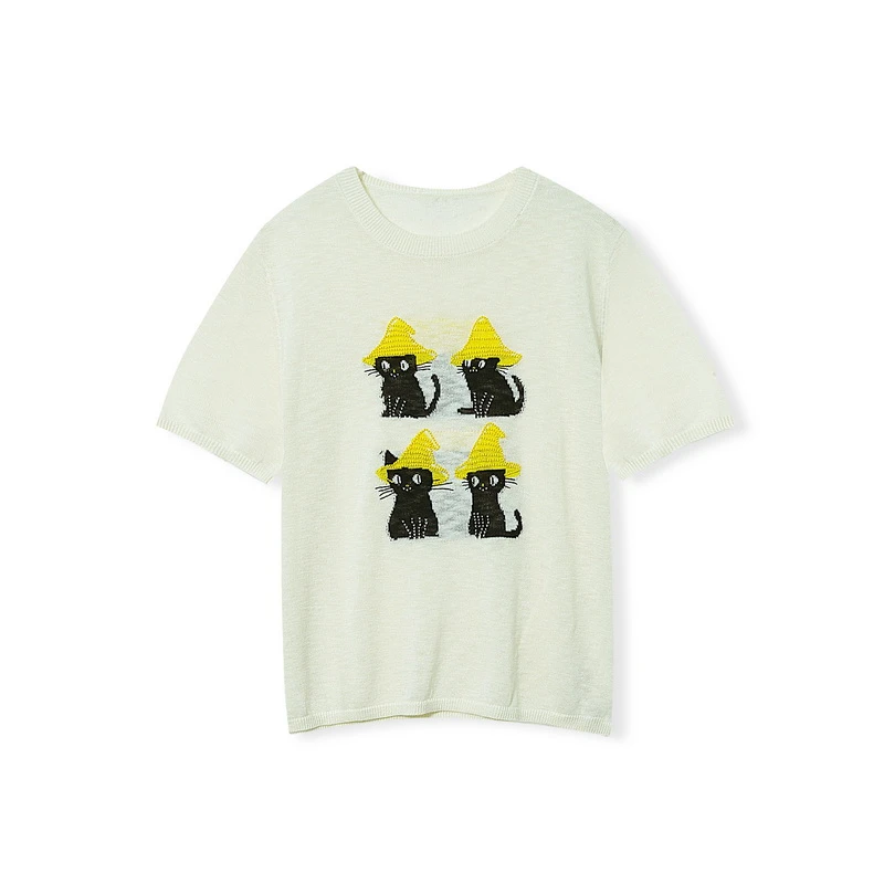 【草帽猫】夏季百搭套头圆领短袖小猫咪针织上衣33140