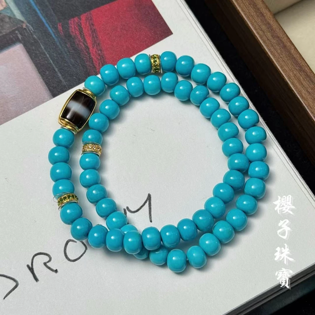 樱子 | 溯梦 18K金高瓷蓝绿松老型古珠时尚百搭双圈手串*YZLS3537
