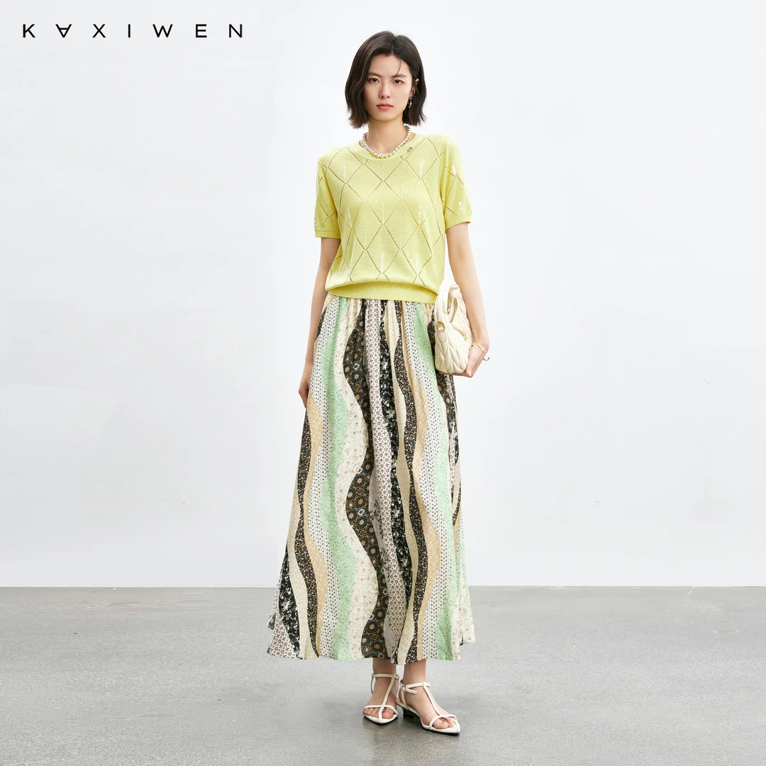 佧茜文时尚亮片针织衫【夏新】慵懒镂空菱格纹路圆领上衣D04CZW6540