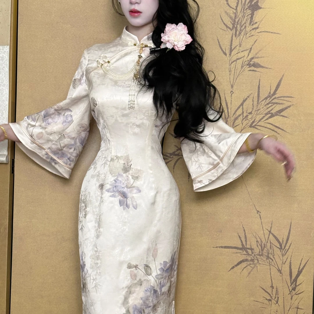 LHMknk1画报夫人原创自制新中式国风清冷感旗袍 倒大袖陌上花开