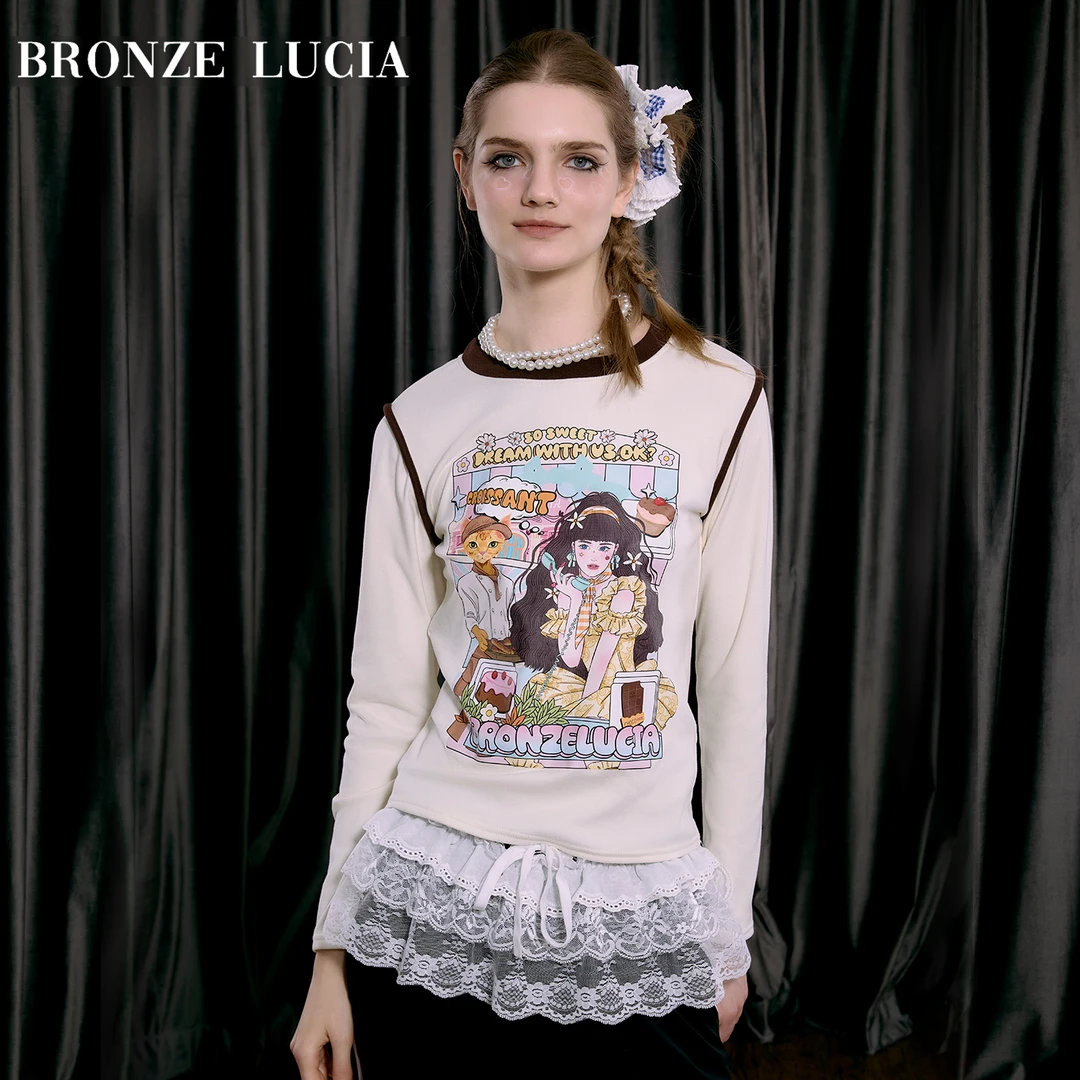 Bronze Lucia假两件治愈烘焙少女长袖T恤