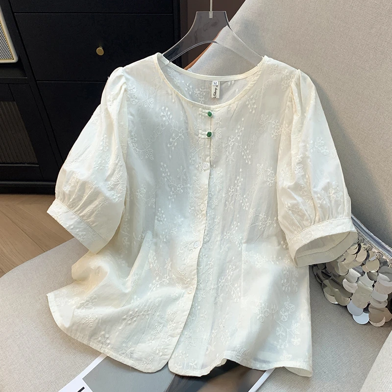 2025年新款夏季短袖刺绣衬衫女小清新显瘦设计感洋气上衣女气质
