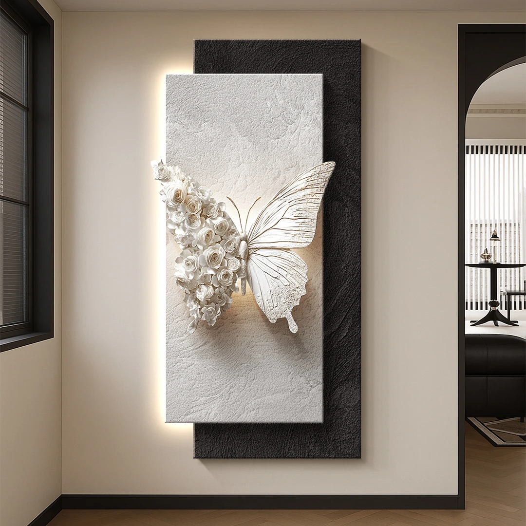 立体浮雕玄关装饰画高级感蝴蝶走廊过道发光挂画中古风立体壁画