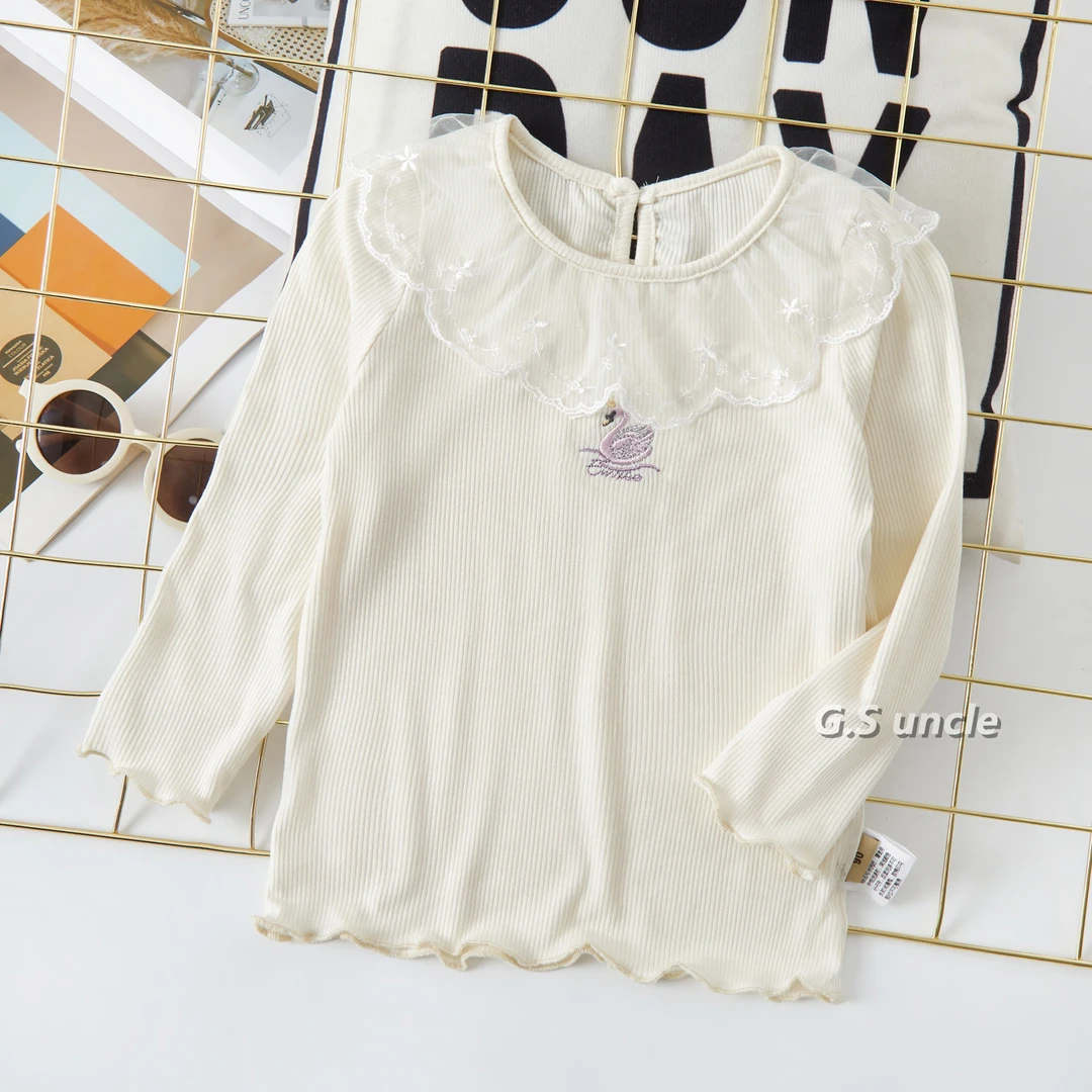 1【珍珠海岸】Z022女童上衣韩版春款洋气娃娃领蕾丝花边T恤套头长袖