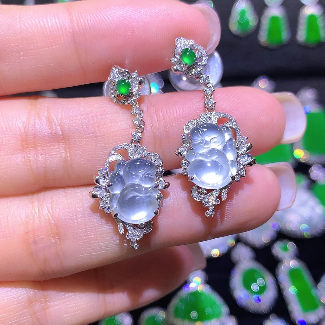 翡翠18K金镶嵌耳饰玻璃种炸光