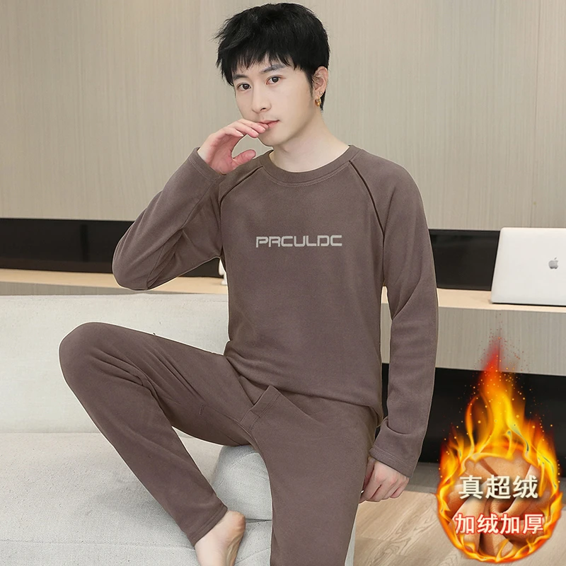 冬季圆领加绒加厚保暖内衣套装德绒秋衣秋裤打底男