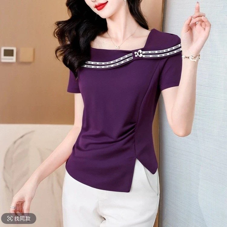 高级感时尚百搭短袖蝴蝶结正肩T恤2025新款修身显瘦洋气上衣女