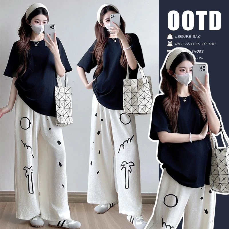 孕妇2025休闲套装宽松黑色短袖搭设计感涂鸦休闲阔腿裤两件套