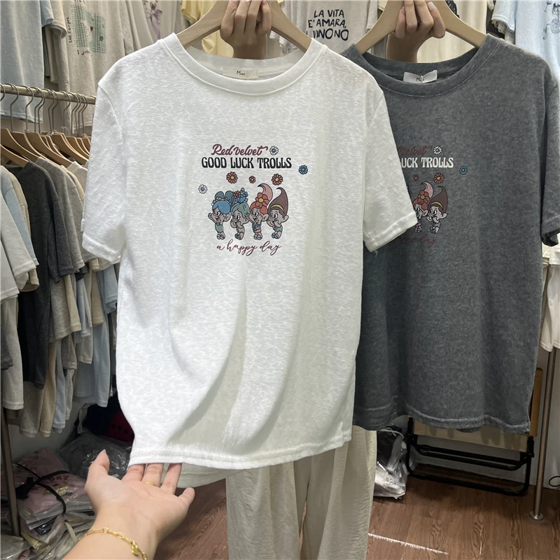 2025夏季夏装雪花棉卡通人物印花设计短袖t恤衫宽松百搭女上衣