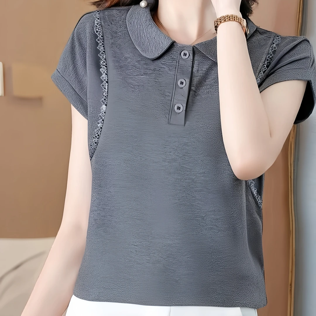 2025夏季POLO显瘦翻领花边新款短袖T恤女拼接设计感百搭休闲上衣