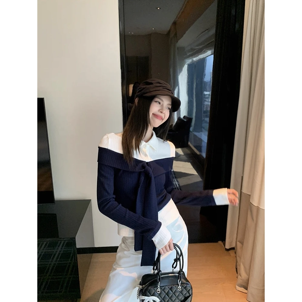 梦优莱polo领长袖内搭t恤女打底衫秋冬韩系设计感修身假两件上衣