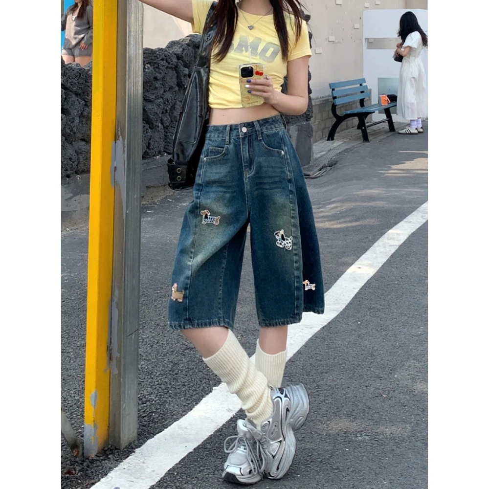 美式刺绣小狗牛仔七分裤女2025春季新款高腰显瘦直筒垂感阔腿裤子