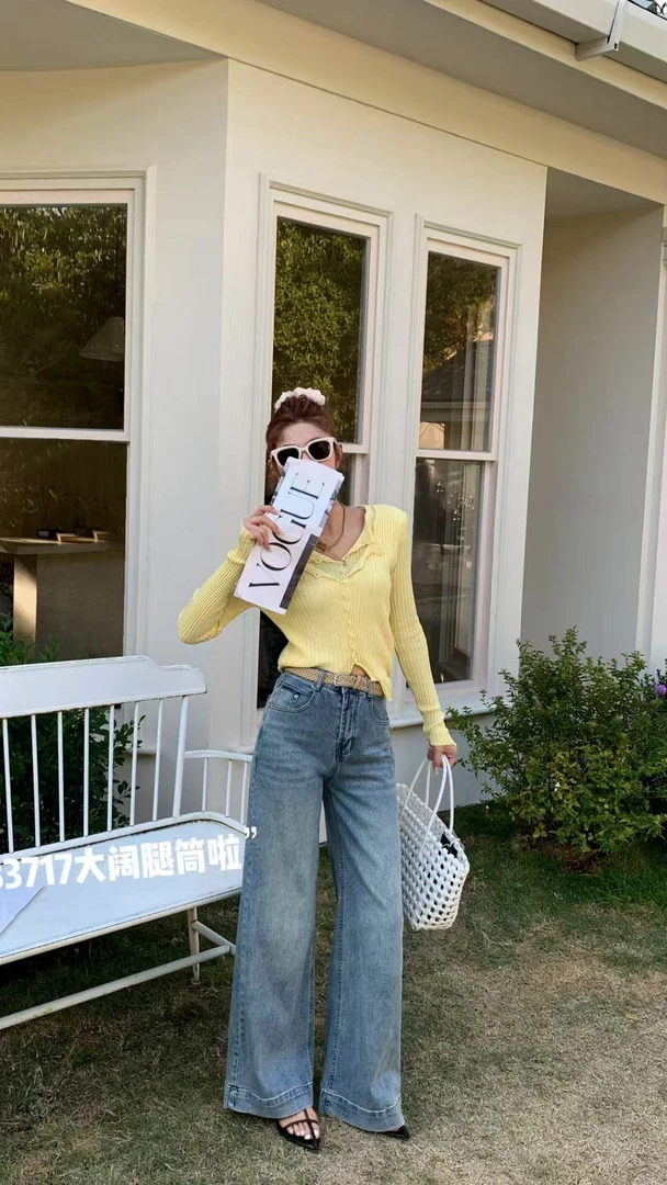 美式浅蓝阔腿牛仔裤女宽松显瘦垂感弹大直筒裤