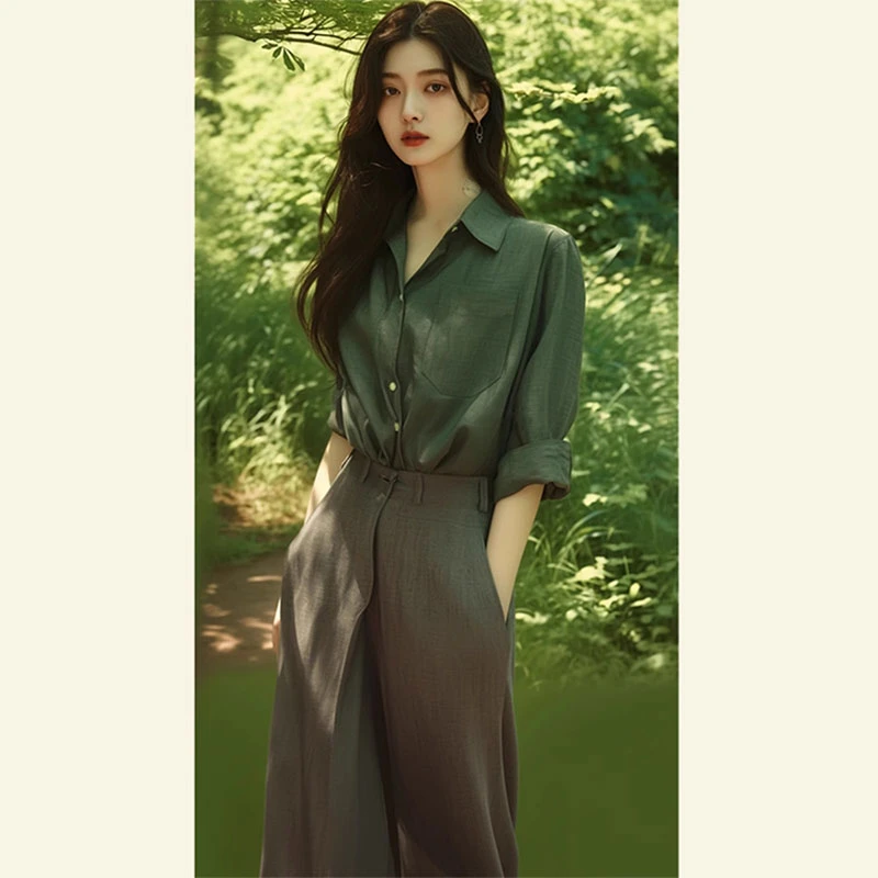 夏季新款松弛感穿搭一整套减龄漂亮时尚高端绿色衬衫休闲裤两件套