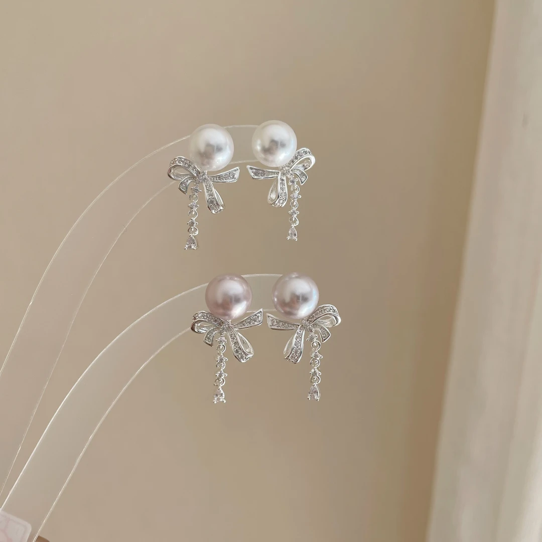 铜合金耳饰 D2195 蝴蝶结珍珠锆石流苏耳饰气质精致高级百搭耳饰