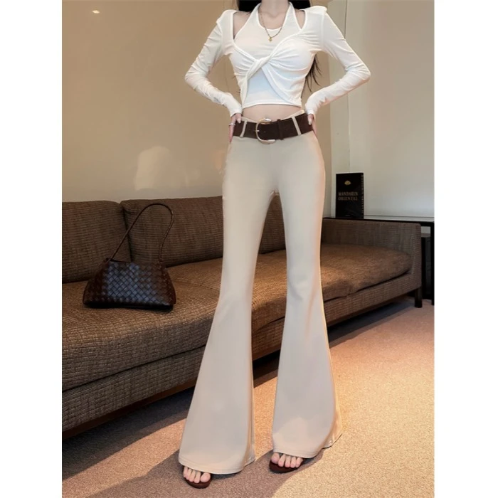 卡其色腰带休闲裤女秋季修身高腰微喇叭裤子弹力百搭马蹄拖地长裤