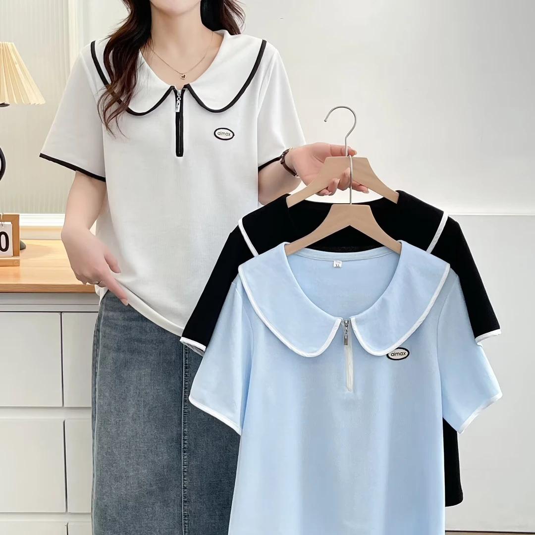 大码女装胖mm韩版娃娃领宽松华夫格短袖T恤洋气夏季显瘦遮肉上衣