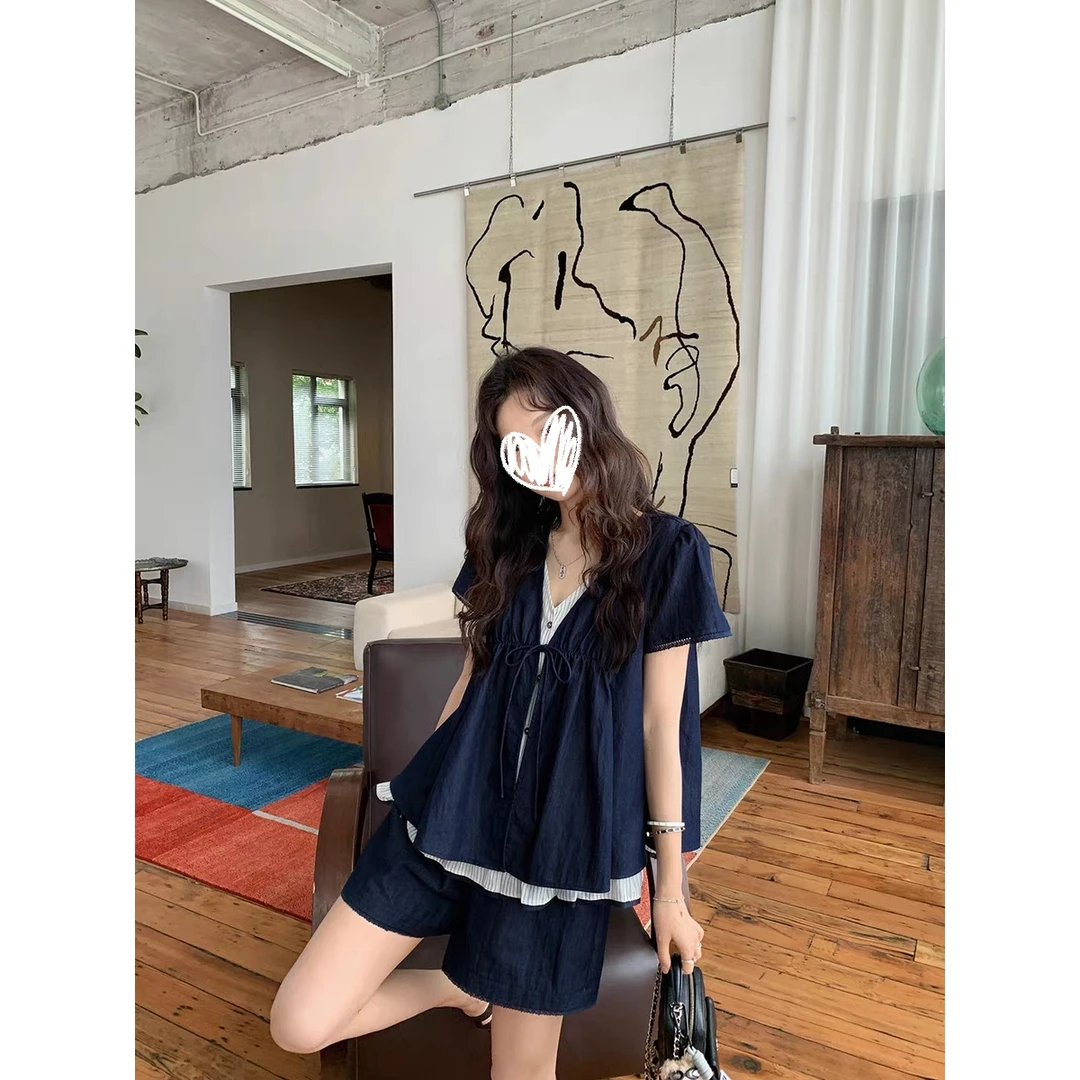 普利亚少女 砂洗牛仔两件短袖上衣小衫花边拼接阔腿短裤套装