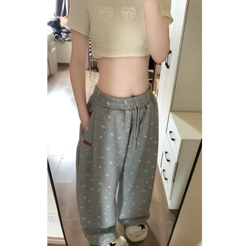 美式复古蝴蝶结波点休闲阔腿裤女宽松慵懒风加绒加厚高腰直筒裤子