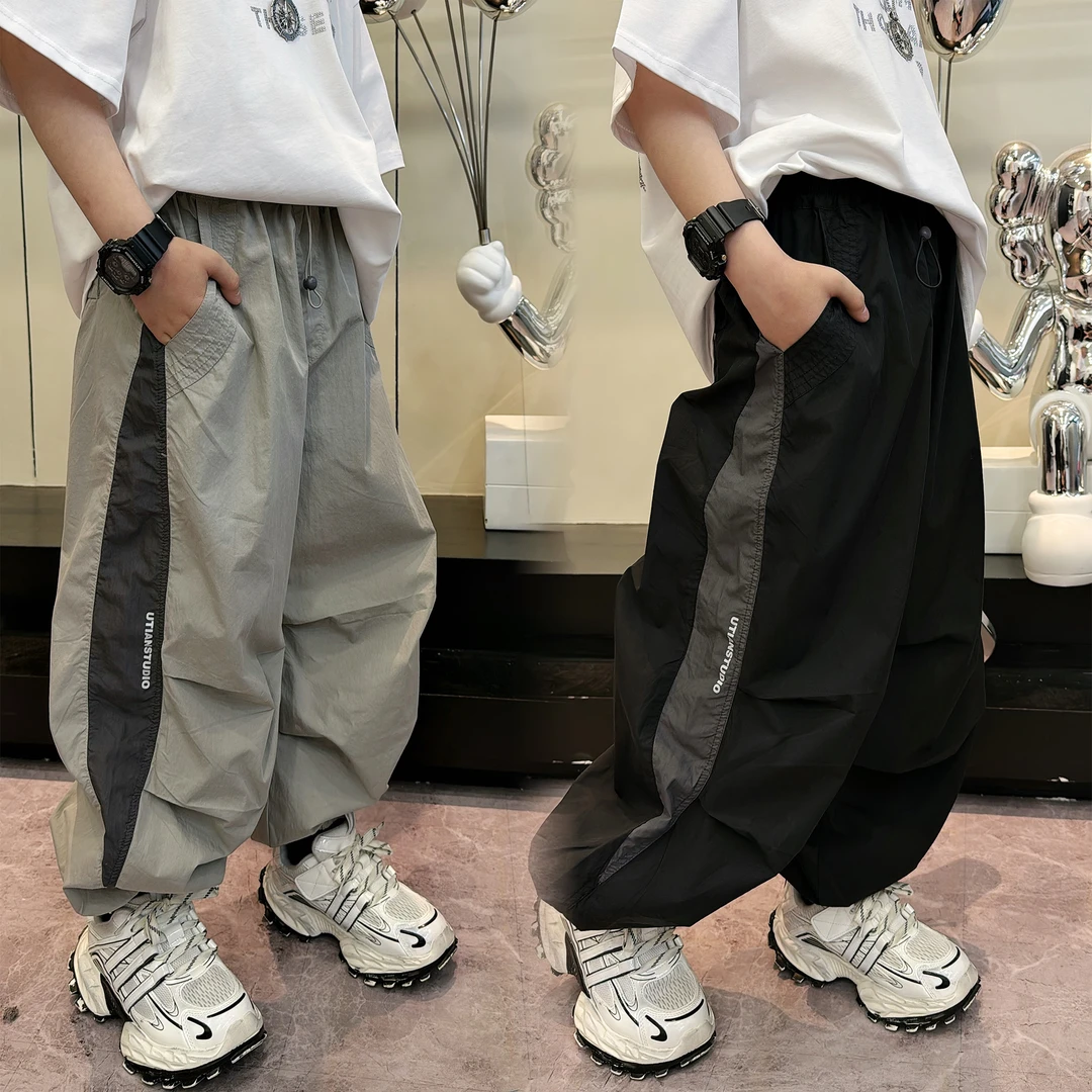 蛋蛋家【报恩神裤】春夏季新款宽松黑色/灰色褶皱拼色工装裤