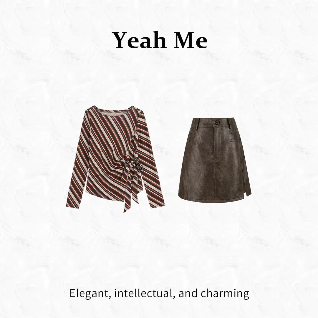 Yeah Me/也觅【古巴之舞】秋季新款美式复古不规则斜纹半身裙套装女