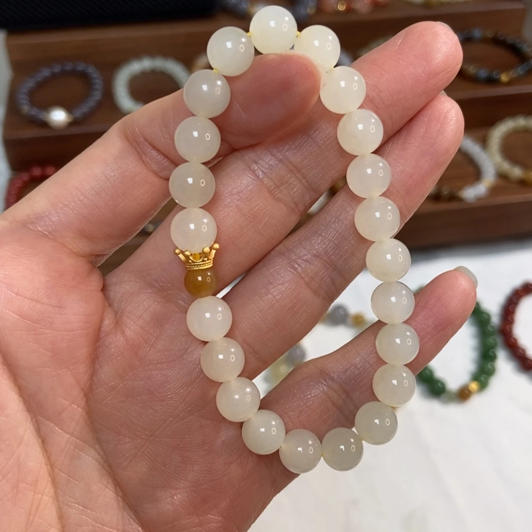 和田玉银S925镶嵌手链福利8mm蜂蜜水