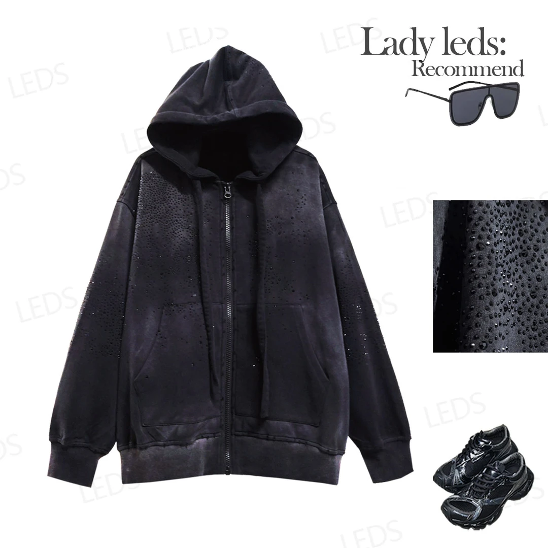LEDS 60187冬季新款时尚OL风连帽烫钻拉链外套（男女同款）