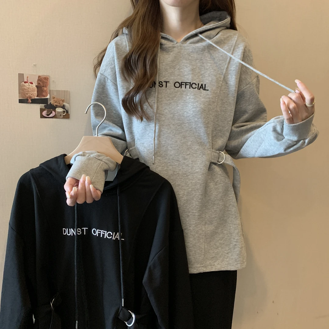 3578大码胖妹妹收腰显瘦中长款字母刺绣长袖连帽卫衣2186