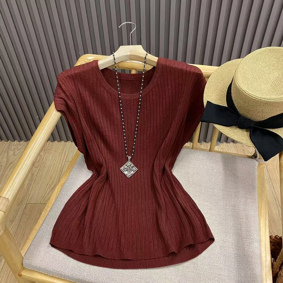 圆领天丝亚麻无袖针织衫套头纯色宽松百搭坑条上衣女Z22915