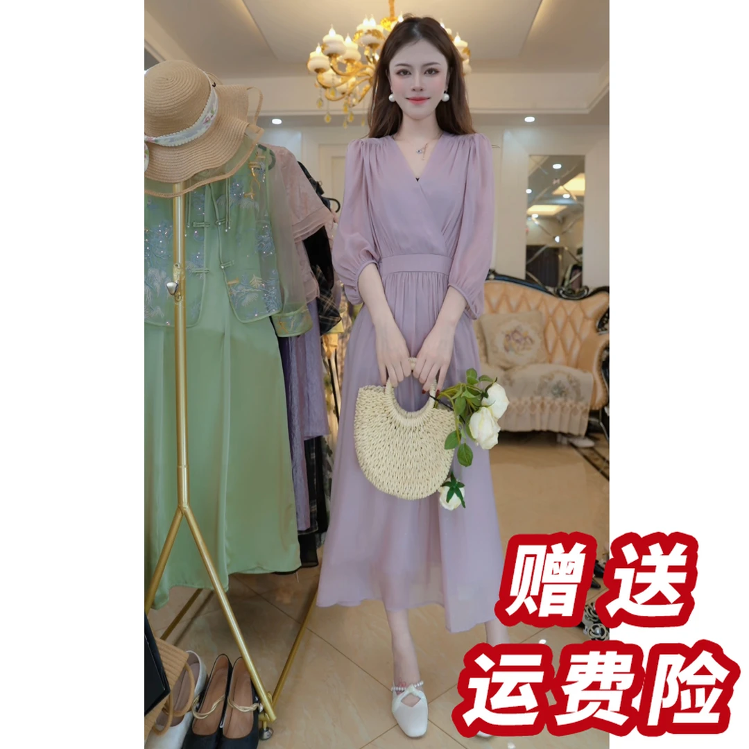 【赠送运费险】高端气质连衣裙女装2025夏季收腰法式高级长裙D5071