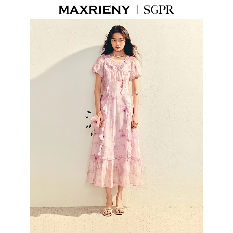 MAXRIENY【商场同款】精致浪漫感泡泡袖连衣裙收腰x型印花长裙夏
