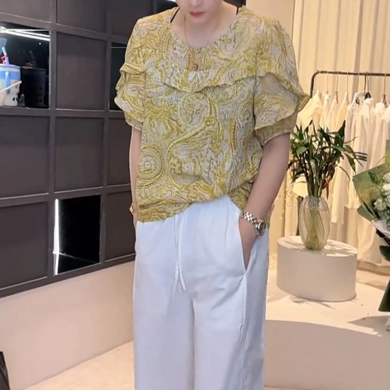 时尚韩版宽松显瘦印花衬衫女2025夏季新款设计感荷叶边中袖上衣潮